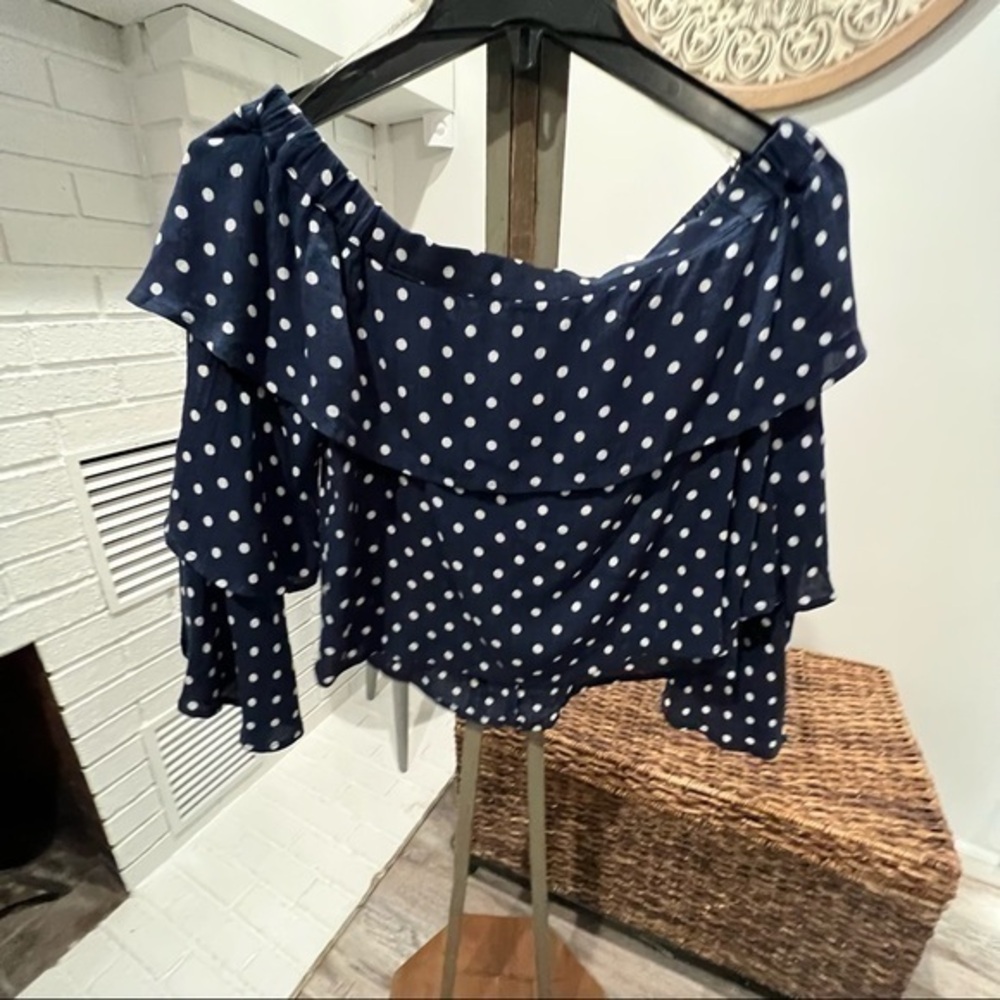 Chloe & Katie Navy and White Polka Dot Crop Top, Tiered Ruffled Sleeves Size S